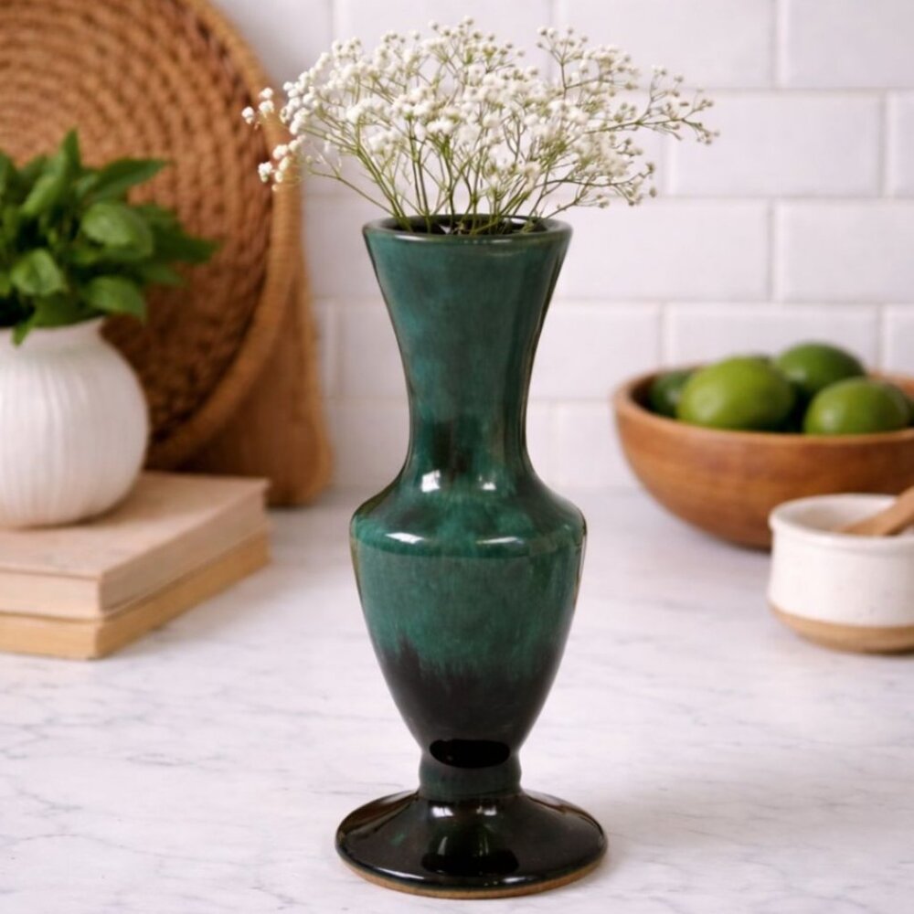 Vintage Green & Black Glazed Ceramic Vase 7" Tall Handmade Pottery‎